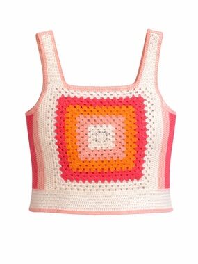⭐️NWT DKNY Jeans Crochet Crop Top Pink Orange Granny Square Tank S